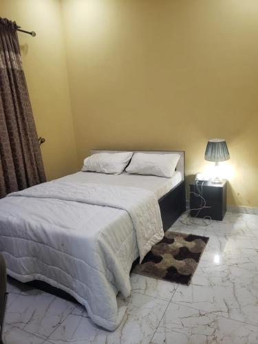 ein Schlafzimmer mit einem großen Bett und einer Lampe in der Unterkunft Truth Key Hotel & Suites in Lagos