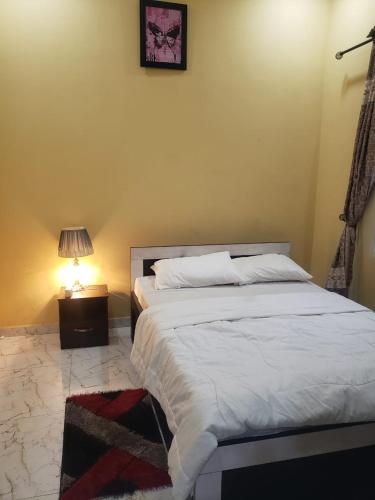 a bedroom with a large white bed with a lamp at Truth Key Hotel & Suites in Lagos