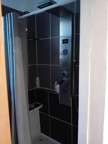 a bathroom with a shower with black tile at Lovely 3 rooms Nice riquier next to Port with AC! in Nice