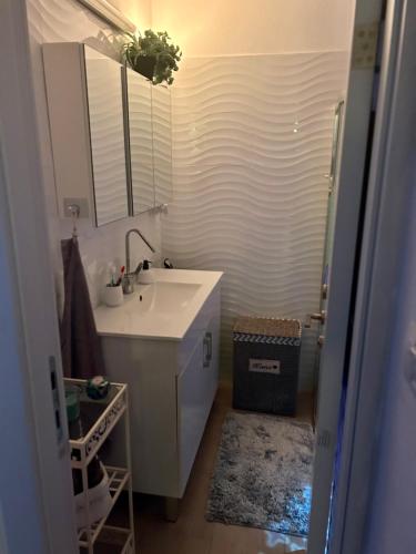 een badkamer met een wastafel en een spiegel bij A private room in a modern apartment near the Belinson/Schneider hospital and the Red Line to Tel Aviv in Petach Tikwa