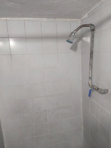 a shower in a bathroom with a white tiled wall at Alojamiento frente al foro de las estrellas para 5 personas 2 habitaciones compartidas baño independiente in Aguascalientes