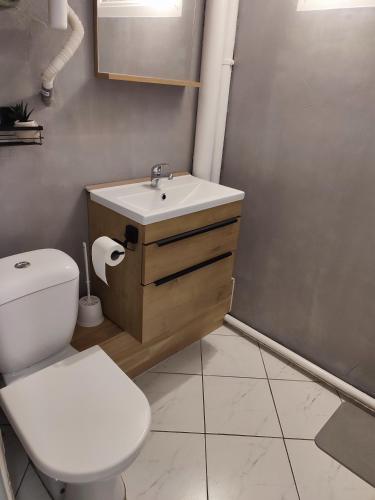 une salle de bain avec des toilettes blanches et un lavabo dans l'établissement Studio mezzanine, au Barcarès