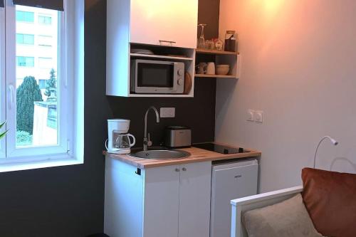 une petite cuisine avec un évier et un micro-ondes dans l'établissement Studio rénové hypercentre, à Amiens