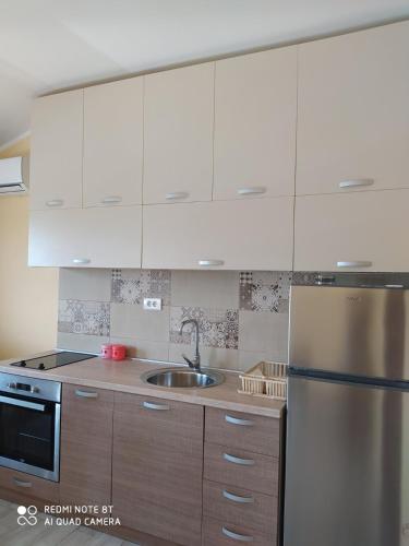 eine Küche mit weißen Schränken und einem Kühlschrank aus Edelstahl in der Unterkunft Rada in Kavač