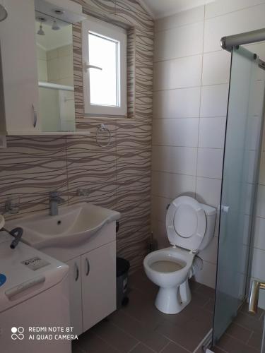 ein Badezimmer mit einem WC, einem Waschbecken und einem Spiegel in der Unterkunft Rada in Kavač