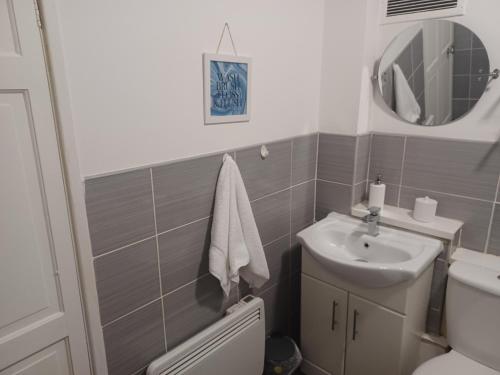 a bathroom with a sink and a toilet and a mirror at Lovely 1-Bed Apartment in Birmingham in Birmingham