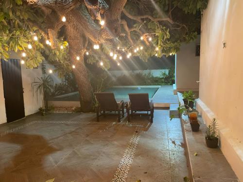 a patio with a table and a tree with lights at Casa Kej Itzimna in Mérida
