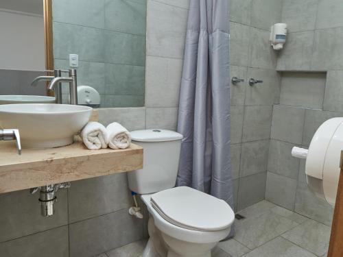 y baño con aseo, lavabo y ducha. en Stanza Hotel Medellin, en Medellín