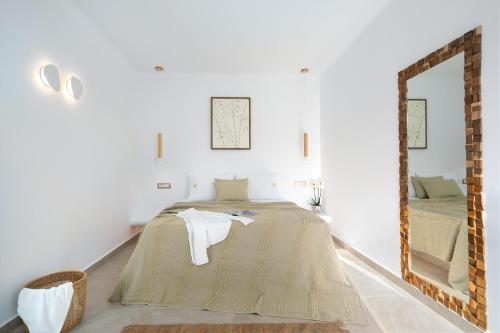 a bedroom with a bed and a mirror at Electra Suites & Spa in Perivolos
