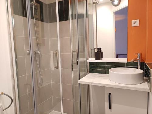 ein Bad mit einer Dusche und einem Waschbecken in der Unterkunft Rêverie des champs - 5 couchages - Proche centre in Amiens