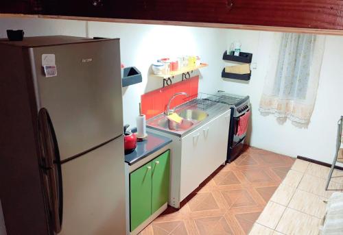 a small kitchen with a refrigerator and a sink at Cabaña Duvi-du in Chile Chico