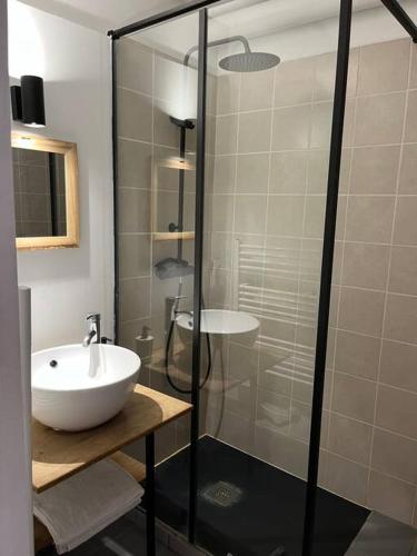 une salle de bain avec un lavabo et une douche en verre dans l'établissement Appartement au centre ville de Bayeux, à Bayeux