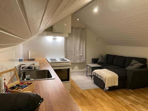 a kitchen and a living room with a couch and a stove at Cozy apartment in Tromsø / Tromsdalen in Tromsø