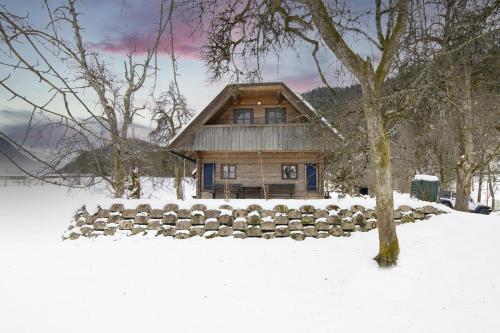 una cabaña de madera en la nieve con un árbol en Chalet Kupljenik Near Bled Lake, en Bohinjska Bela