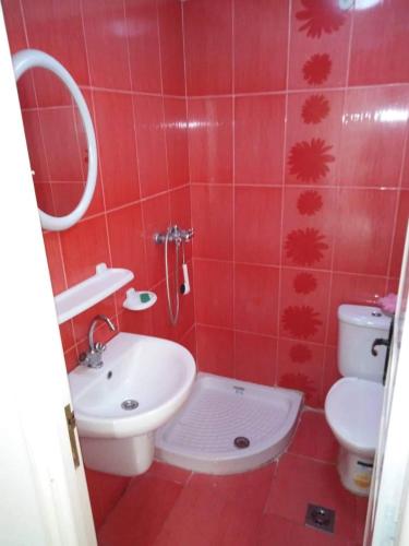 ein rot gefliestes Bad mit einem Waschbecken und einem WC in der Unterkunft Appartement Hammamet in Hammamet