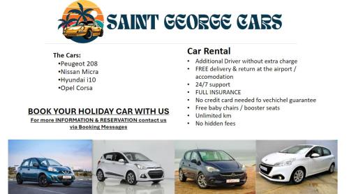 a flyer for a car dealership with three different cars at Villa Katerina in Agios Georgios Pagon