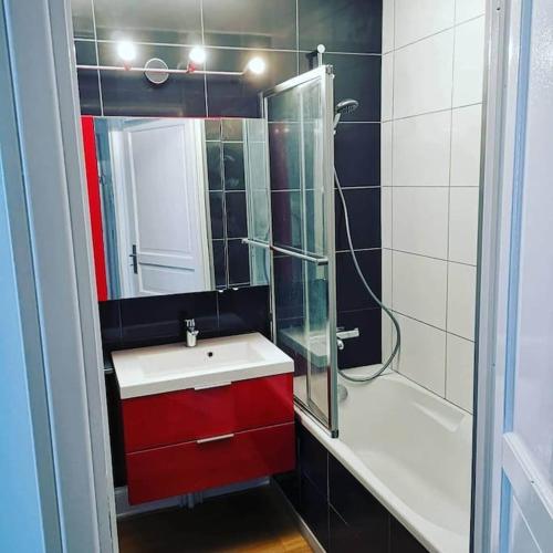 La salle de bains est pourvue d'un lavabo rouge et d'une douche. dans l'établissement Le Donjon de Mulhouse, à Mulhouse