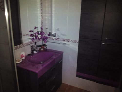 baño con lavabo púrpura y espejo en Casa Hortensia, en Cazorla
