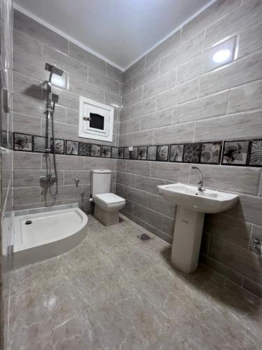een badkamer met een wastafel, een toilet en een bad bij فيلا الواحة للحفلات والمناسبات بالعجمي/أبو يوسف in Alexandrië