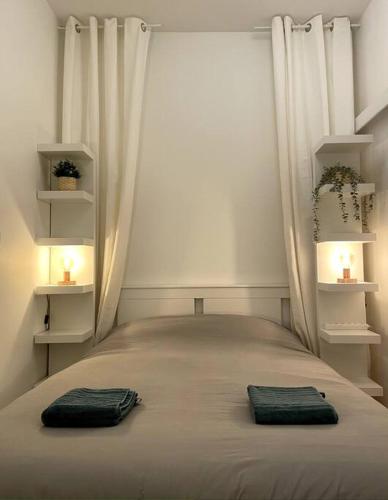 une chambre avec un lit avec deux oreillers dessus dans l'établissement St Aubin Gare - Appartement cosy proche commerces, à Saint-Aubin-lès-Elbeuf