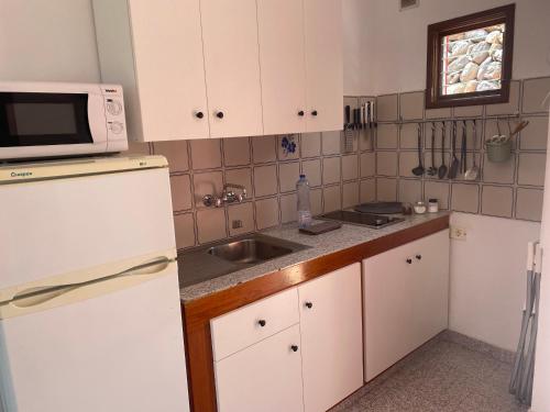 a kitchen with white cabinets and a sink and a microwave at Apartamentos Playa in Hermigua