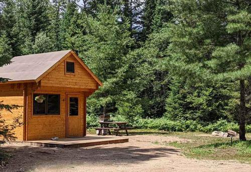una piccola cabina in legno con tavolo da picnic in un parco di Moose Run #4 a Maynooth