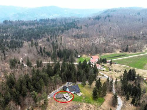 una vista aérea de una casa en medio de un bosque en Počitniška hiška v gozdnem raju, en Trebče
