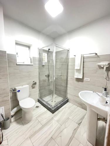 a bathroom with a shower and a toilet and a sink at Cazare apartamente LAVI-TOUR Tg Neamț in Târgu Neamț