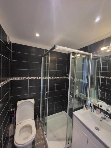 une salle de bain avec toilettes, douche et lavabo dans l'établissement Studio confort, à Fréjus