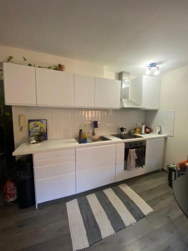 una cocina blanca con armarios blancos y fregadero en Charmant appartement avec terrasse privée, en Fontenay-sous-Bois