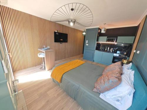 une chambre avec un lit et une télévision dans l'établissement Appartement cosy climatisé, à La Rochelle