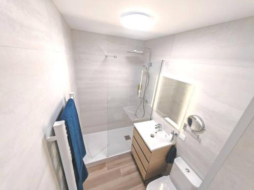 une salle de bain avec toilettes, lavabo et miroir dans l'établissement Appartement cosy climatisé, à La Rochelle