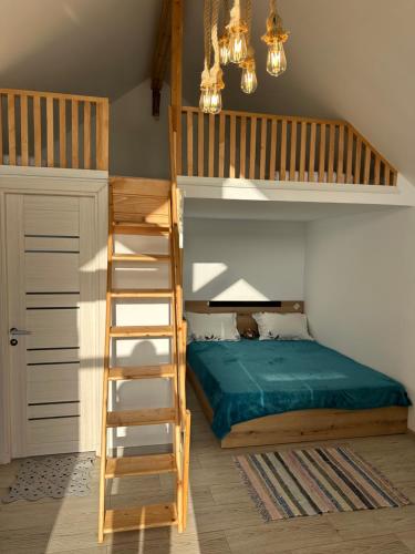 a bedroom with a bunk bed and a ladder at La Casute in Jurilovca