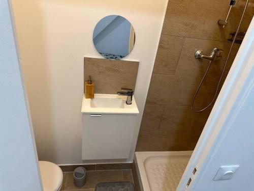 a small bathroom with a sink and a mirror at Studio dans une maison 2/3 in Aulnay-sous-Bois