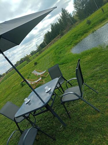 a group of chairs and an umbrella on a field at DOM w JESIONACH Brajniki - działka 1 HEKTAR in Jedwabno