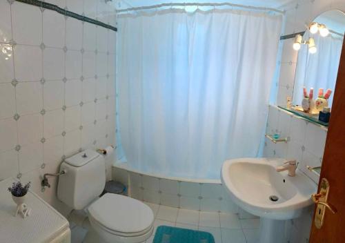 a bathroom with a white toilet and a sink at Bay-Rachi in Armenoí