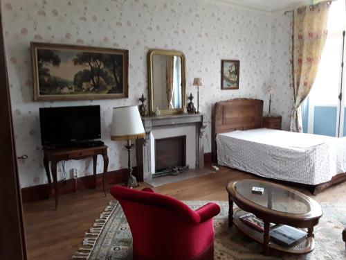 ein Wohnzimmer mit einem Bett und einem Stuhl in der Unterkunft Le Chateau du grand Coudray in Villaines-la-Juhel