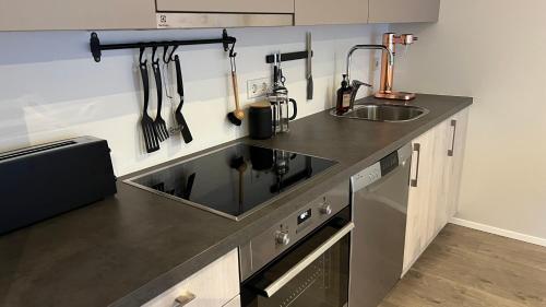 a kitchen with a sink and a counter with utensils at Modern luxury apt downtown in Reykjavík