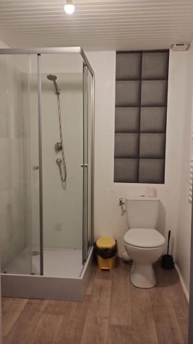 une salle de bain avec toilettes et douche en verre dans l'établissement Maison de l'harmonie à Limoges, à Limoges