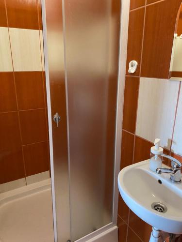 um chuveiro com uma porta de vidro ao lado de um lavatório em Pokoje Łebska 24 em Leba