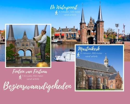 een collage van foto's van een gebouw met een standbeeld bij De Woudvaart Sneek in Sneek