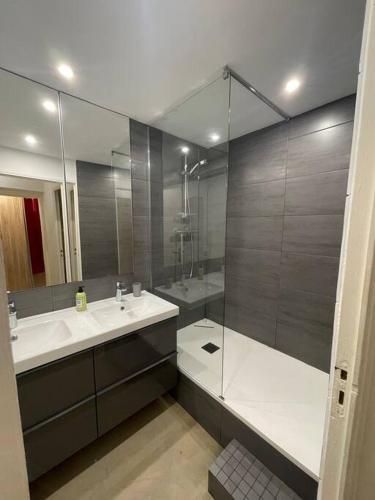 une salle de bain avec une douche, un lavabo et un miroir dans l'établissement L'Olivier - Clim - Terrasse, à Cassis