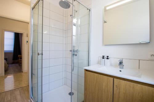 ein Bad mit einem Waschbecken und einer Dusche in der Unterkunft Hesdin Appart Holidays 1 in Hesdin