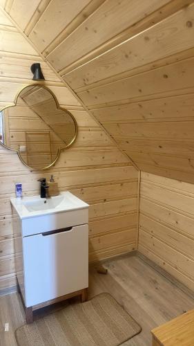 a bathroom with a sink and a mirror at Siedlisko Huta Szklana in Bieliny