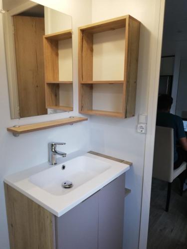 La salle de bains est pourvue d'un lavabo et de placards en bois. dans l'établissement Sbvacances Entièrement équipé et tout confort grand 2ch avec suite parentale et 2 sdb dans camping 4 étoiles, à Saint-Julien-en-Born
