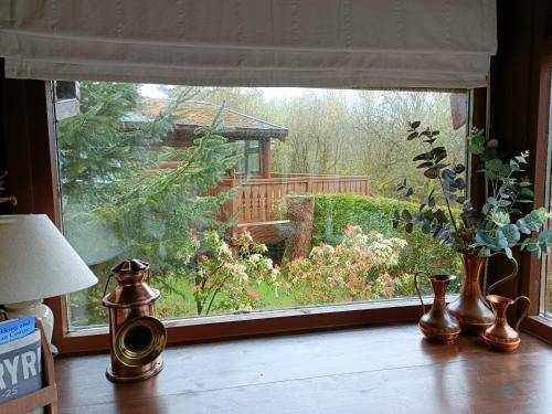 a window with vases on a table with a view of a garden at 299 Willow Lodge in Trawsfynydd