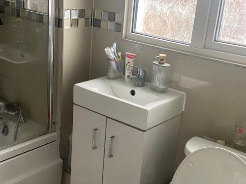 a bathroom with a sink and a toilet and a shower at Stopin in Crawley