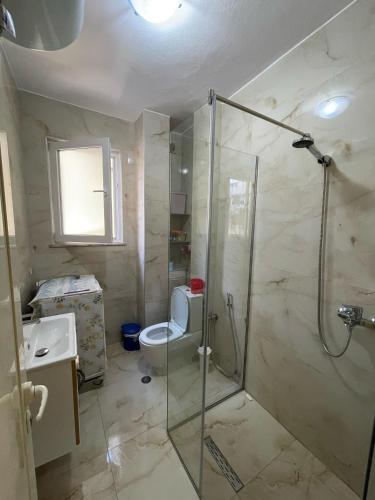 un bagno con doccia, WC e lavandino di Keta Apartment a Golem