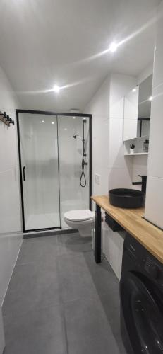 une salle de bain blanche avec toilettes et douche dans l'établissement A proximité de toutes commodités, à Marseille