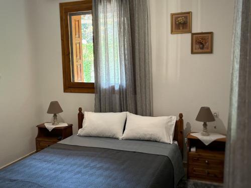 een slaapkamer met een bed met een raam en 2 lampen bij Λευκή Καμέλια in Anilio Pelion